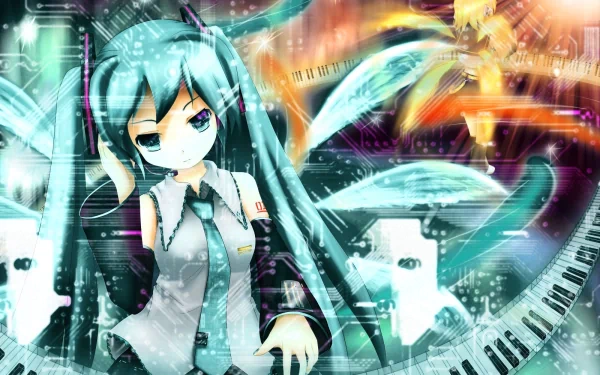 Anime-themed HD wallpaper featuring Rin Kagamine and Hatsune Miku at a piano, blending vibrant colors and digital elements characteristic of Vocaloid culture.