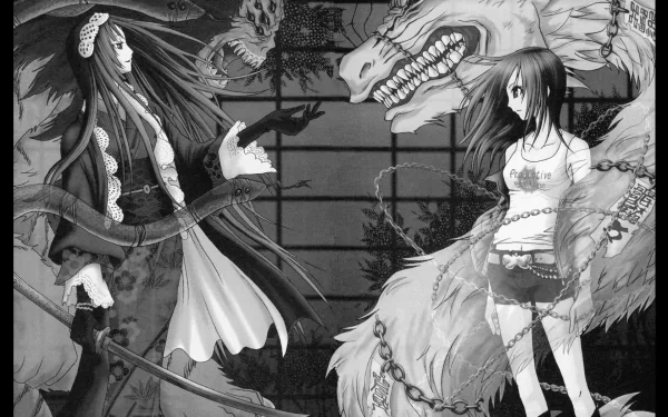 Black-and-white HD PC desktop wallpaper featuring characters and dragons from the anime Ga-Rei: Zero, capturing a dramatic scene from Ga-Rei.