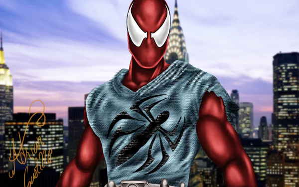 HD PC desktop wallpaper featuring a comic-style Scarlet Spider standing in front of a city skyline at dusk.