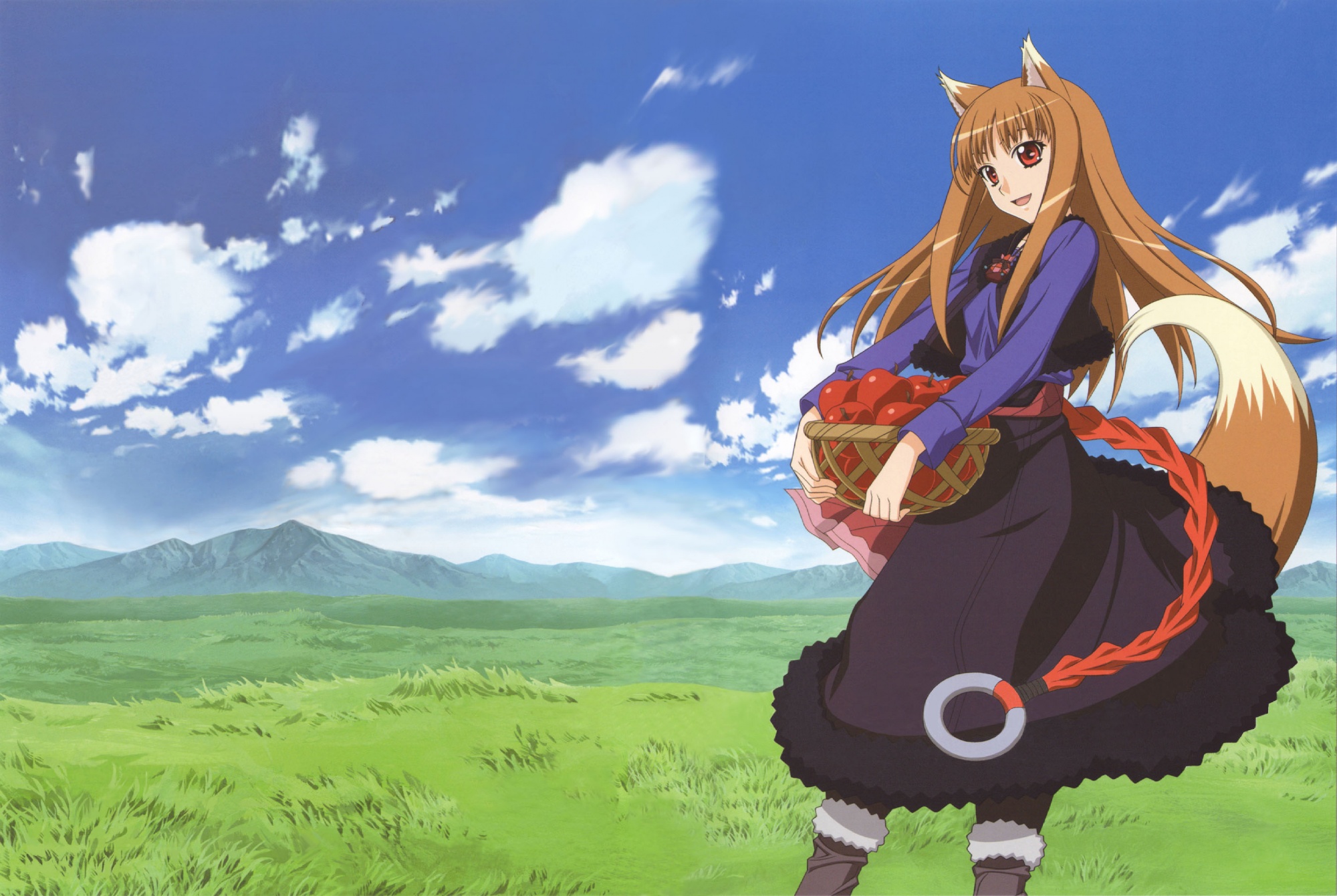 Smiling Holo from Spice & Wolf eating an apple under a cloudy sky with her tail and animal ears.