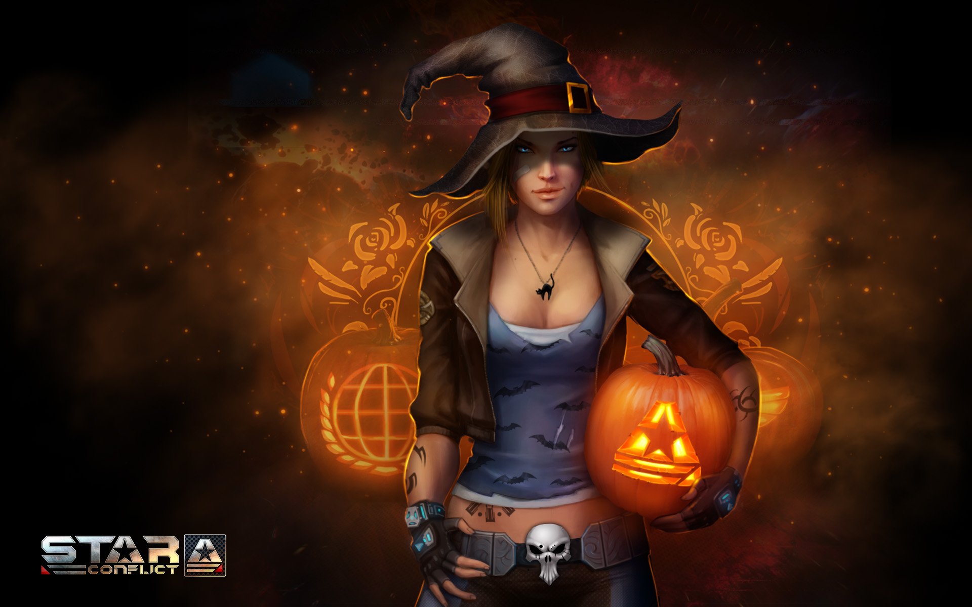 HD PC desktop wallpaper from Star Conflict: witch-like female space pilot holding a glowing jack-o'-lantern against a smoky orange cosmos — MMORPG space video game art