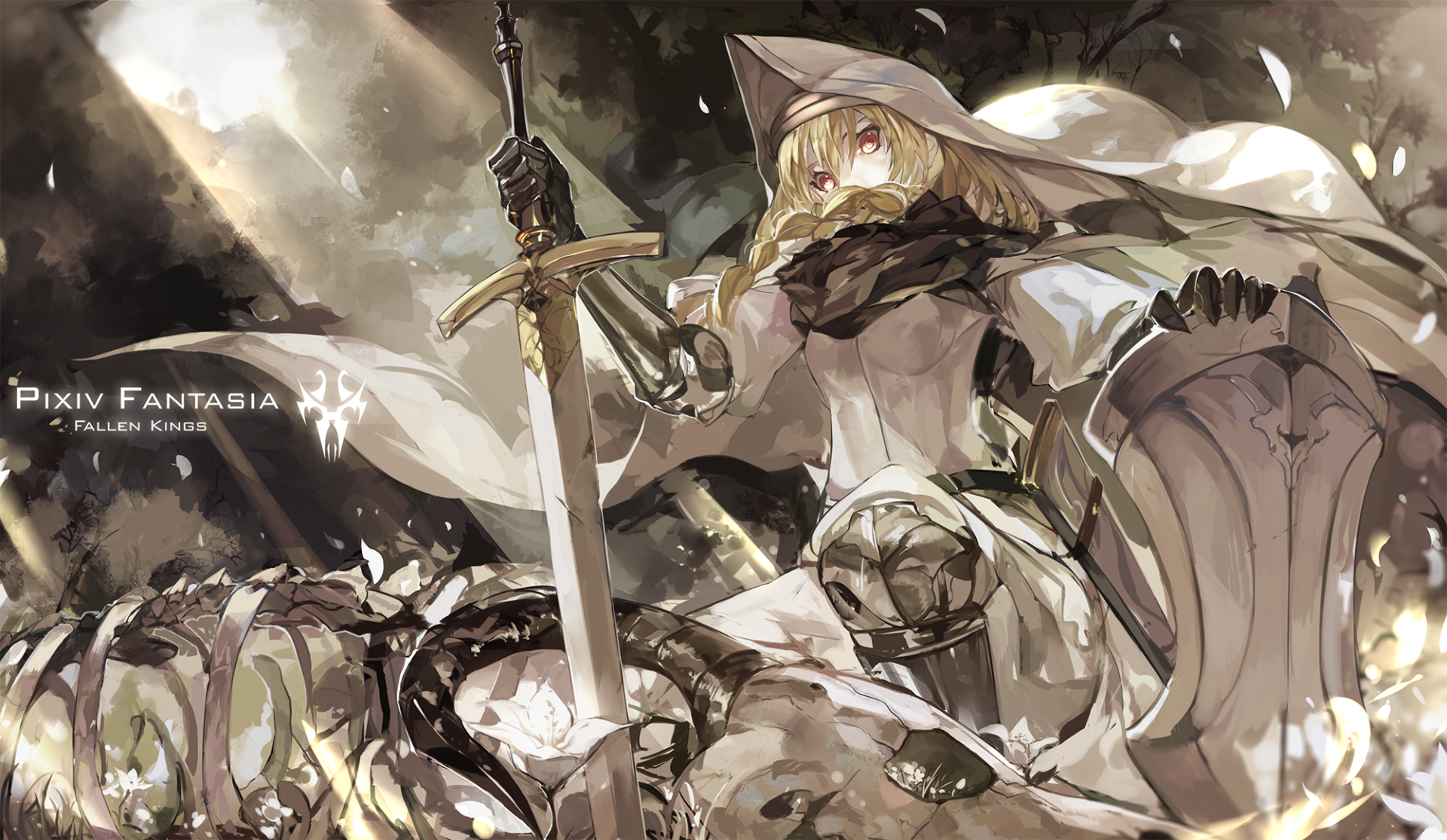 Anime-style warrior in detailed armor with a sword and shield, set against a dramatic backdrop, featured as a Pixiv Fantasia Fallen Kings HD PC desktop wallpaper.
