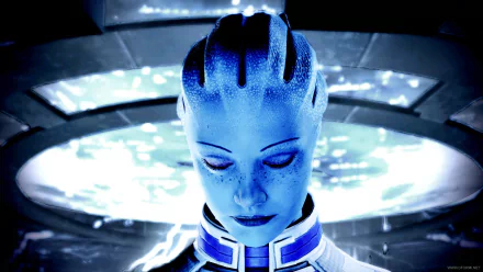 Liara T'Soni from the video game Mass Effect is depicted in this HD PC desktop wallpaper, showcasing her as a prominent character with a serene expression against a futuristic backdrop.
