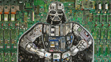 A striking HD wallpaper featuring Darth Vader crafted from various electronic components, set against a backdrop of circuit boards, embodying a unique blend of sci-fi and technology.