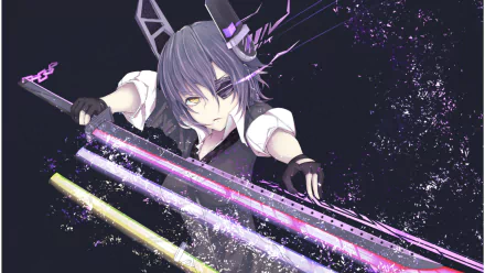 A striking anime character from Kantai Collection, Tenryuu, wields a sword while sporting an eye patch. The dark background enhances the vivid colors of the artwork in this HD desktop wallpaper.