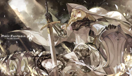 Anime-style warrior in detailed armor with a sword and shield, set against a dramatic backdrop, featured as a Pixiv Fantasia Fallen Kings HD PC desktop wallpaper.
