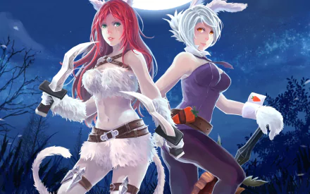 Riven and Katarina from League of Legends stand back-to-back in this HD PC desktop wallpaper, set against a mystical night backdrop.