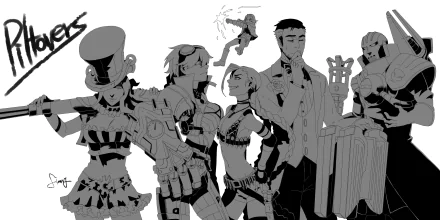 A striking black and white HD wallpaper featuring popular League of Legends champions: Viktor, Jayce, Caitlyn, Ezreal, Jinx, and Vi, showcasing their unique styles and personalities.