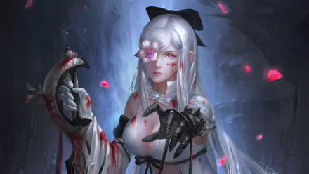 Fantasy-themed HD PC wallpaper featuring Zero from Drakengard 3 with long white hair, an eye patch, black gloves, a sword, and a glowing flower in a dark, mystical setting.
