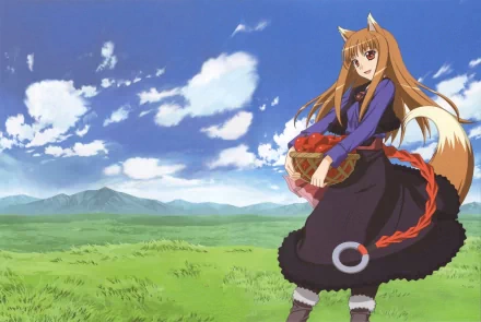Anime character Holo from Spice & Wolf, with long brown hair, red eyes, animal ears, and a tail, smiles while holding a basket of apples. The scene includes a blue sky with clouds and green fields.