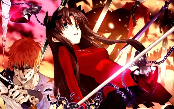 HD wallpaper featuring Archer, Shirou Emiya, and Rin Tohsaka from Fate/Stay Night: Unlimited Blade Works, capturing an intense battle scene with dynamic poses and vibrant colors.