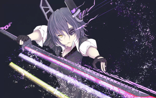 A striking anime character from Kantai Collection, Tenryuu, wields a sword while sporting an eye patch. The dark background enhances the vivid colors of the artwork in this HD desktop wallpaper.