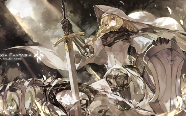 Anime-style warrior in detailed armor with a sword and shield, set against a dramatic backdrop, featured as a Pixiv Fantasia Fallen Kings HD PC desktop wallpaper.