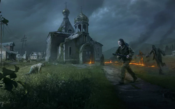 HD PC desktop wallpaper depicting a dark, eerie scene from the Arma 2: DayZ Mod video game, featuring a lone armed figure near an old church under stormy skies.