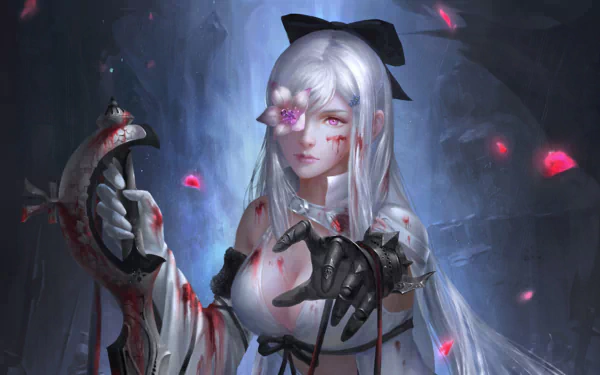 Fantasy-themed HD PC wallpaper featuring Zero from Drakengard 3 with long white hair, an eye patch, black gloves, a sword, and a glowing flower in a dark, mystical setting.