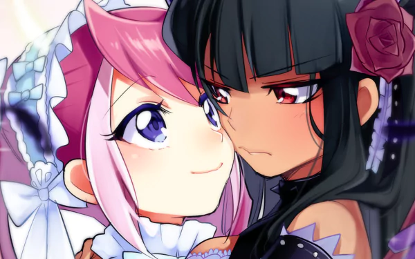 Two characters, Masumi Kōtsu and Yuzu Hiiragi, from Yu-Gi-Oh! Arc-V share an intimate moment in this HD anime wallpaper, showcasing a blend of yuri themes and vibrant artwork.