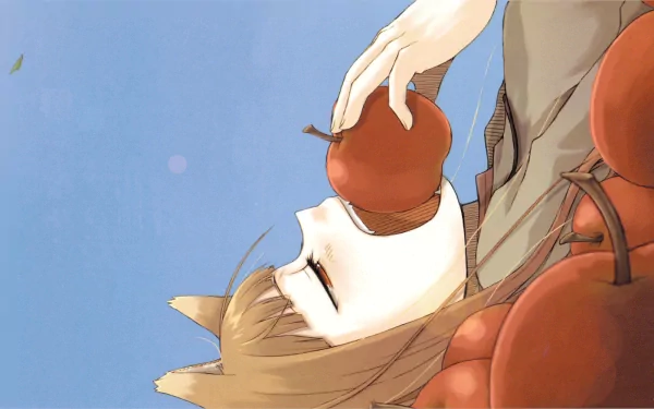 HD desktop wallpaper featuring Holo from the anime Spice and Wolf, depicted lying down and playfully holding an apple against a clear blue sky background.