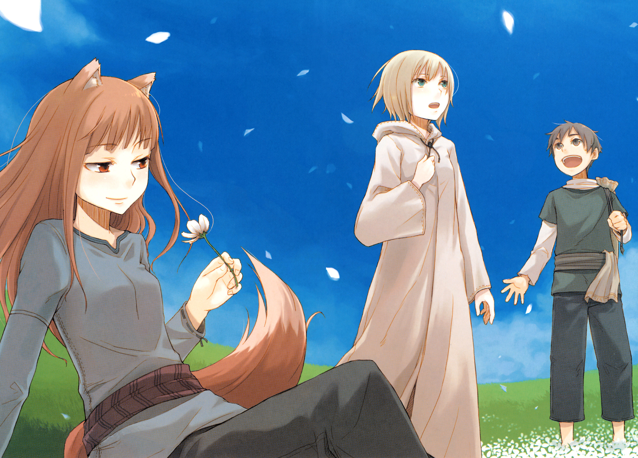 Holo from Spice & Wolf smiling in nature with animal ears, long blonde hair, and a flower.