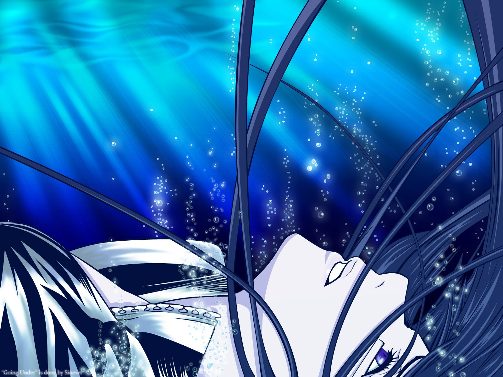 Lenalee Lee from the anime D.Gray-man submerged underwater, surrounded by bubbles and blue light, creating a serene and captivating atmosphere in this HD desktop wallpaper.
