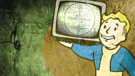 A vibrant HD desktop wallpaper featuring a character from Fallout: New Vegas, holding a vintage TV displaying Please Stand By against a textured background.