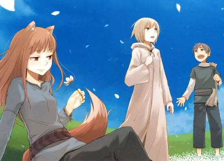 Anime wallpaper: a character with animal ears and a tail, holding a flower, sits on grass, smiling. Two others stand nearby under a blue sky with petals falling. Tagged: nature, grass, belt, Holo, Spice and Wolf.