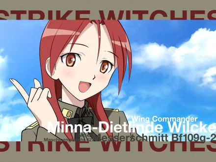 Anime-inspired HD wallpaper featuring Minna-Dietlinde Wilcke, Wing Commander from Strike Witches, set against a bright, cloudy background.