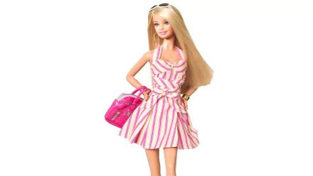HD PC desktop wallpaper featuring Barbie from the video game Barbie: Super Model in a pink and white striped dress holding a pink handbag on a white background.