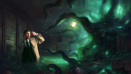 HD PC desktop wallpaper depicting a dark fantasy scene inspired by H.P. Lovecraft, featuring a man confronting the monstrous, tentacled Cthulhu in a shadowy, eerie setting.