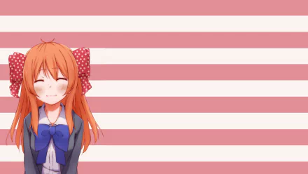 Chiyo Sakura from the anime Monthly Girls' Nozaki-kun smiles cheerfully against a pink striped background, creating an engaging HD desktop wallpaper.
