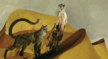 HD PC desktop wallpaper featuring a surreal, painterly scene from the comic The Sandman, depicting a mysterious figure and a large cat on flowing yellow shapes.