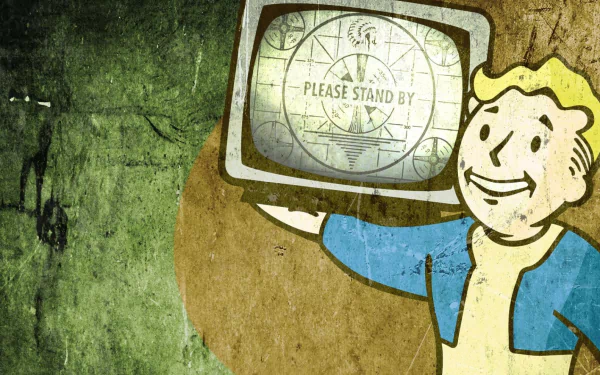 A vibrant HD desktop wallpaper featuring a character from Fallout: New Vegas, holding a vintage TV displaying Please Stand By against a textured background.