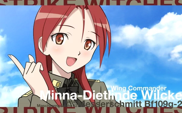 Anime-inspired HD wallpaper featuring Minna-Dietlinde Wilcke, Wing Commander from Strike Witches, set against a bright, cloudy background.