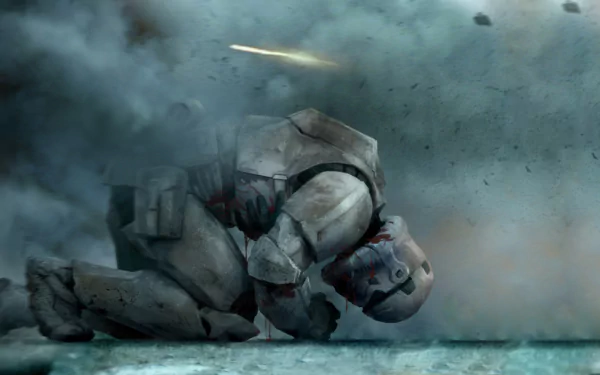 A stormtrooper kneels in smoke and debris, evoking the intensity of a Star Wars battle. This HD image serves as a striking sci-fi desktop wallpaper.