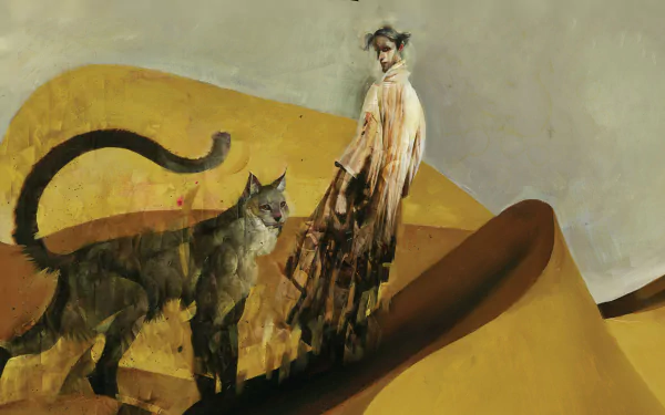 HD PC desktop wallpaper featuring a surreal, painterly scene from the comic The Sandman, depicting a mysterious figure and a large cat on flowing yellow shapes.