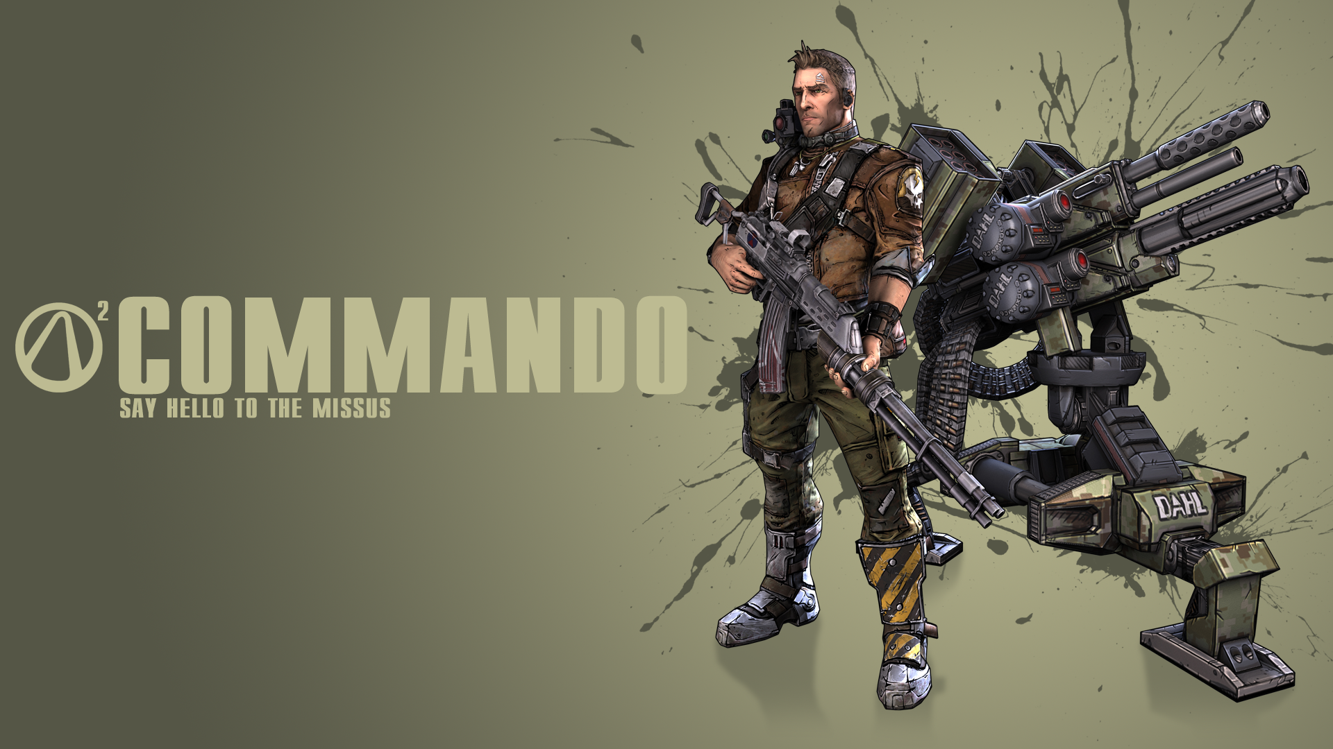 HD PC desktop wallpaper from the video game Borderlands 2 featuring the Commando character with heavy weaponry and the text Say hello to the Missus.
