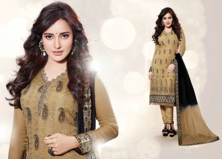 A model wearing elegant Indian national dress poses confidently, showcasing intricate detailing against a vibrant backdrop in this HD wallpaper featuring celebrity Neha Sharma.
