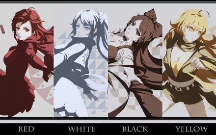 A vibrant HD wallpaper featuring the four main characters from RWBY: Ruby Rose (Red), Weiss Schnee (White), Blake Belladonna (Black), and Yang Xiao Long (Yellow).
