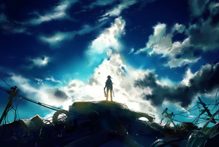 A striking original anime wallpaper featuring a silhouette of a figure standing atop a wreckage, illuminated by dramatic clouds and a vibrant sky.