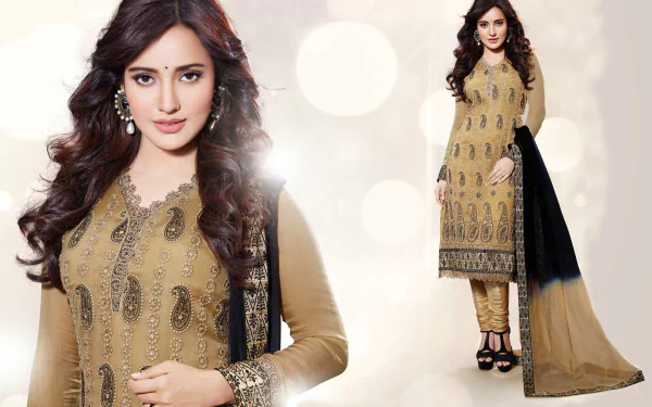 A model wearing elegant Indian national dress poses confidently, showcasing intricate detailing against a vibrant backdrop in this HD wallpaper featuring celebrity Neha Sharma.