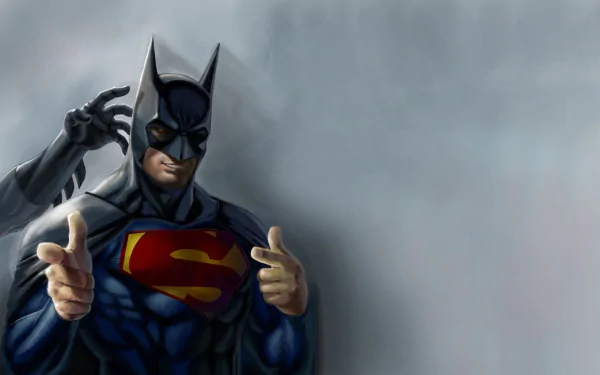 HD PC desktop wallpaper featuring a comic-style Batman wearing Superman's emblem, blending iconic elements from Batman vs. Superman.
