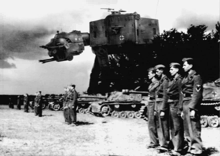 HD desktop wallpaper of an alternate history scene integrating Star Wars elements, featuring soldiers standing in line with tanks and a hovering Star Wars-like vehicle in a black and white setting.