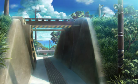 A vibrant anime scene featuring a serene bridge beneath a clear blue sky, surrounded by lush greenery. This HD image serves as a captivating desktop wallpaper.