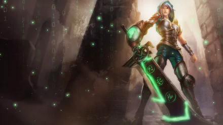 HD PC desktop wallpaper featuring Riven from the video game League of Legends, showcasing her glowing sword and dynamic pose in a mystical urban setting.