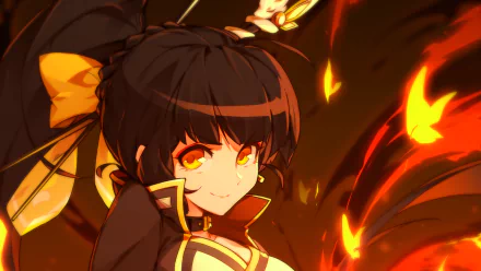 A dynamic HD desktop wallpaper featuring Ara from the video game Elsword, showcasing her striking design amidst vibrant flames and intense colors.