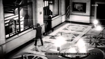 HD PC desktop wallpaper depicting a heist scene from Grand Theft Auto V, showing a character aiming a gun inside a building, captured through a camera interface.