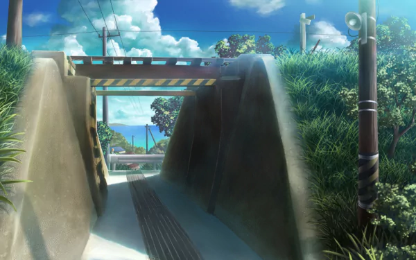 A vibrant anime scene featuring a serene bridge beneath a clear blue sky, surrounded by lush greenery. This HD image serves as a captivating desktop wallpaper.