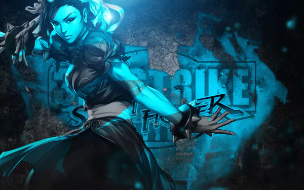 A dynamic HD wallpaper featuring a character from Street Fighter, styled in bold blue tones against a textured background, showcasing the energy of the iconic video game series.