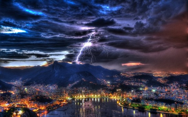 Man Made Rio De Janeiro Cities Brazil Lightning Cloud Storm Mountain Bay HD Wallpaper | Background Image