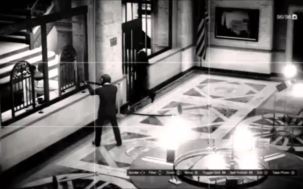 HD PC desktop wallpaper depicting a heist scene from Grand Theft Auto V, showing a character aiming a gun inside a building, captured through a camera interface.