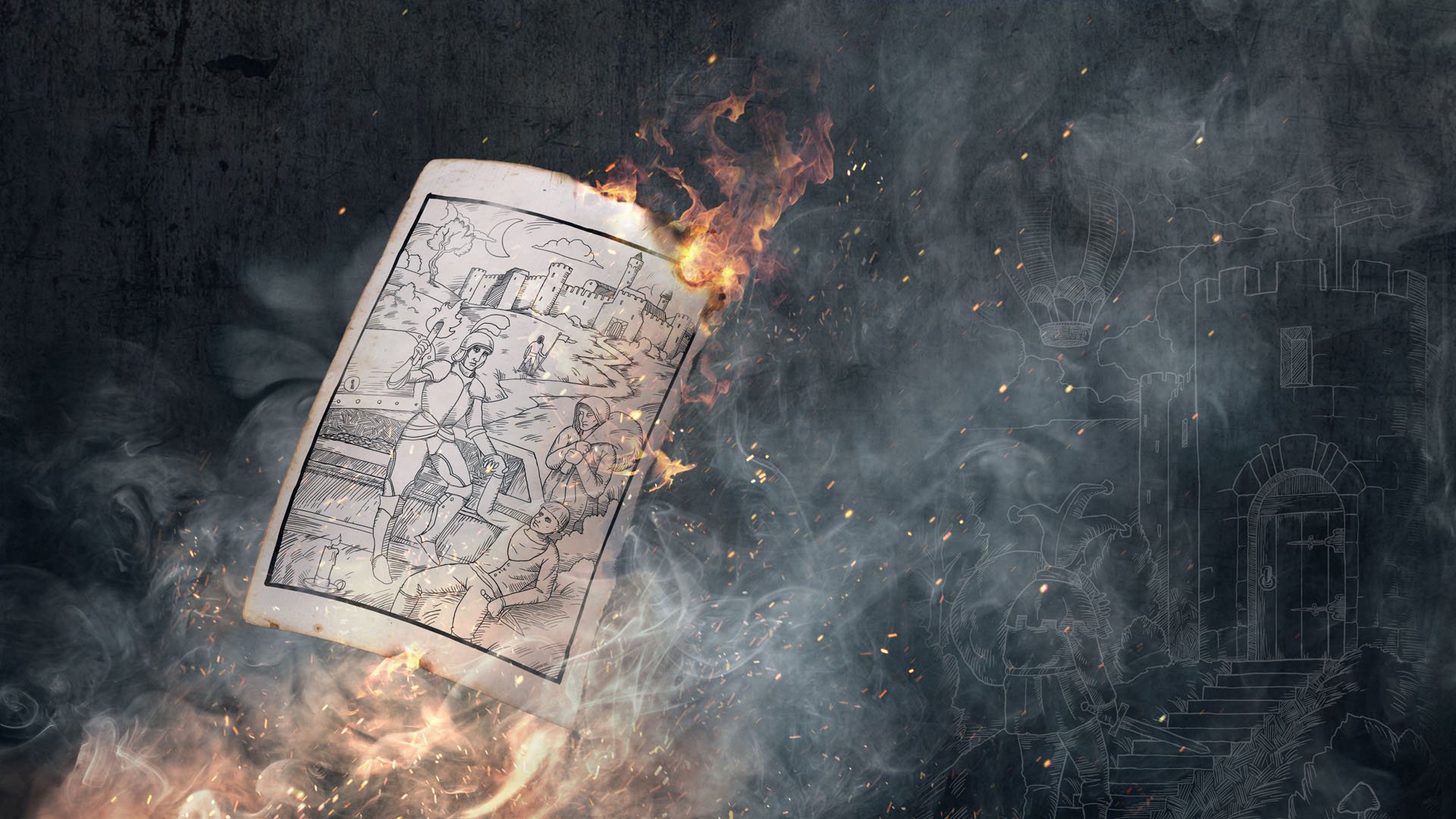 A dramatic HD desktop wallpaper featuring artwork from the video game Payday 2, surrounded by swirling smoke and flames, creating a striking and immersive visual experience.